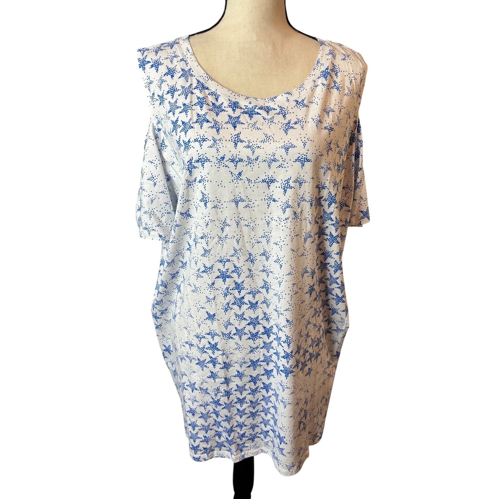Woman Within Blue Star Print Cold Shoulder Tunic Top White 2X 26/28